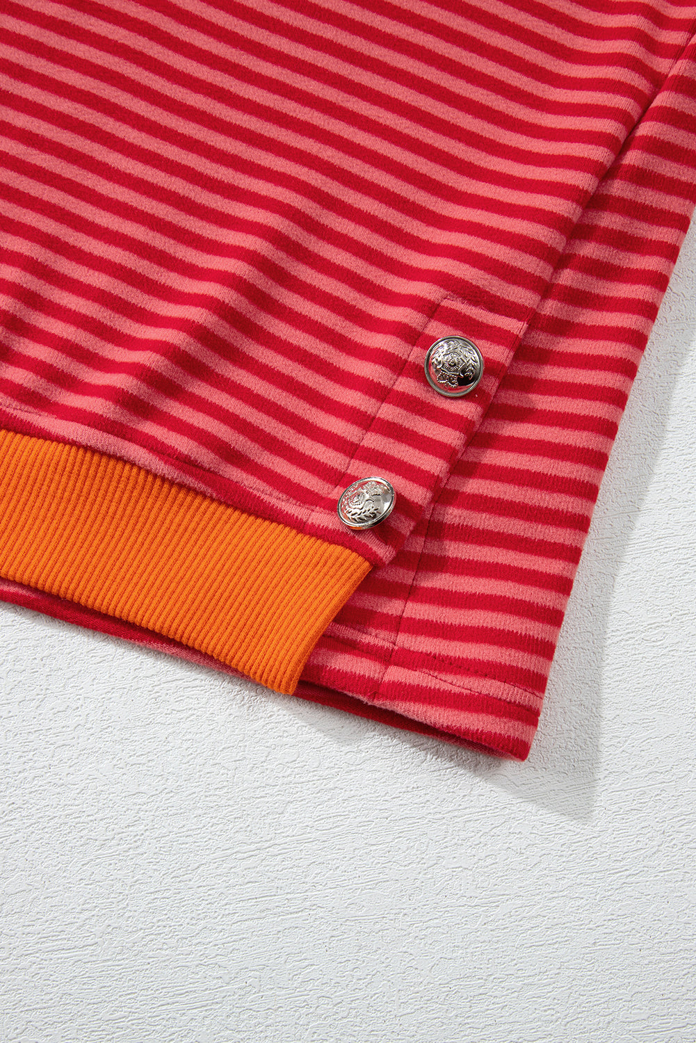 Tomato Red Two Tone Striped Side Buttons Drop Shoulder Top