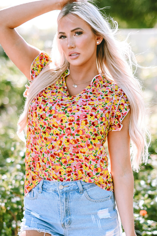 Yellow Floral Print Flutter Sleeve V Neck Tank Top