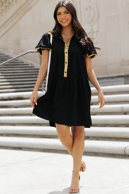 Black Sequin Trim Bubble Sleeve Game Day Shirt Dress