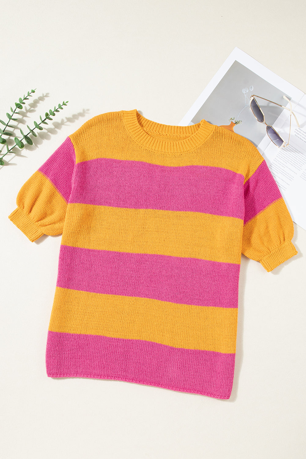 Orange Stripe Color Block Knitted T-shirt Sweater