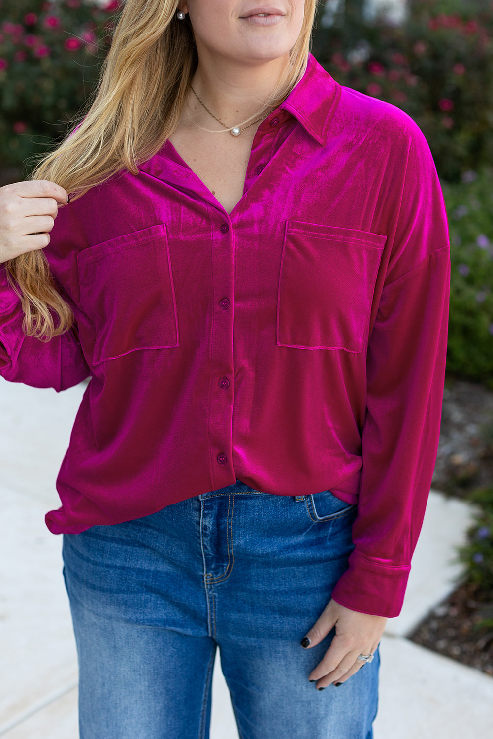 Bright Pink Plus Size Velvet Chest Pocket Drop Shoulder Shirt