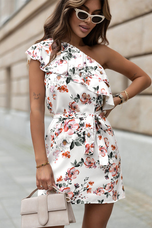 Ruffled One Shoulder Tie High Waist Floral Dress