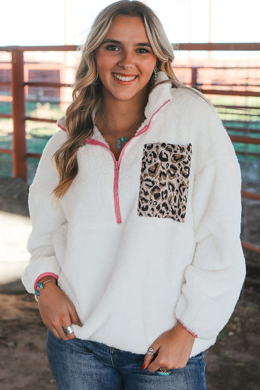 White Leopard Patch Pocket Half Zipped Fleece Sweatshirt