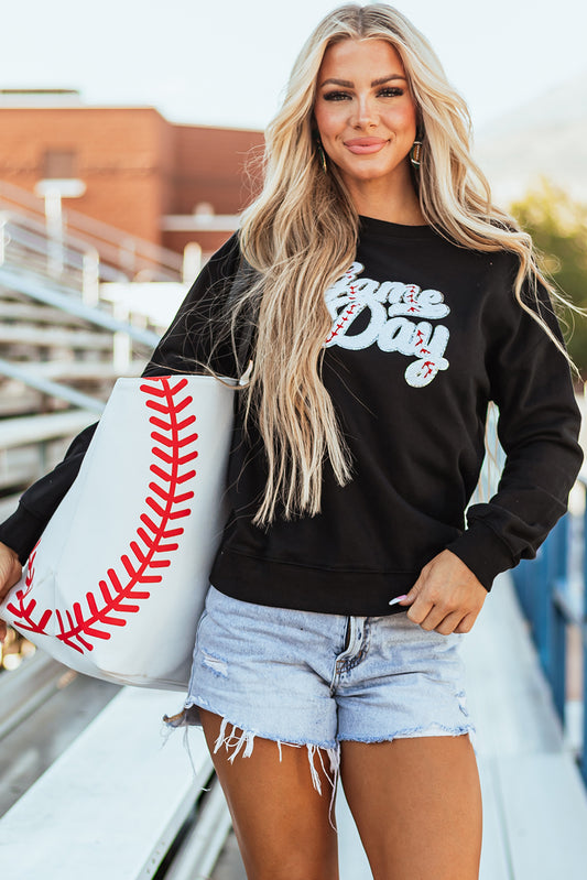 Black Sequined Game Day Graphic Crew Neck  Sweatshirt