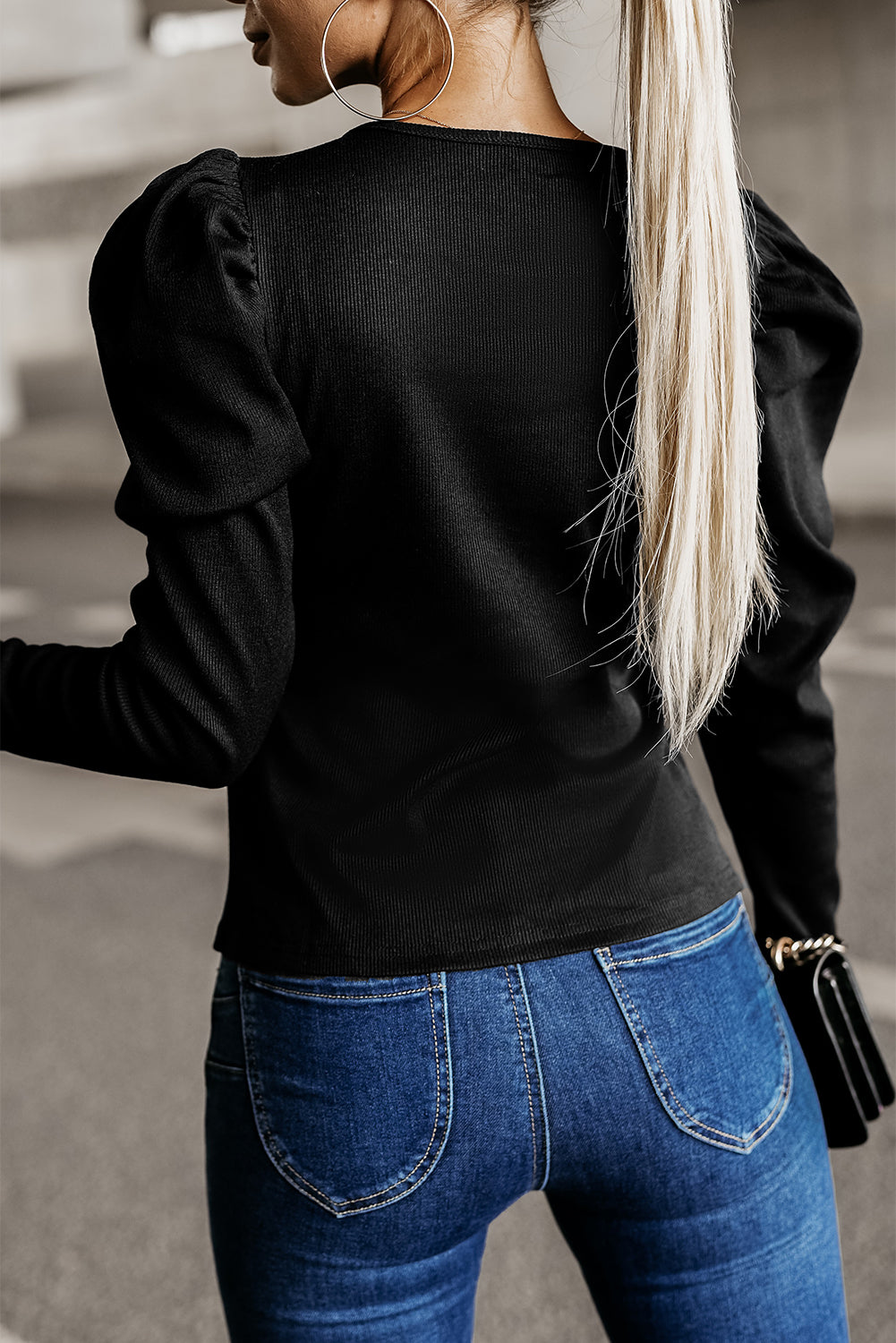 Black Solid Puff Sleeve Ribbed Knit Top