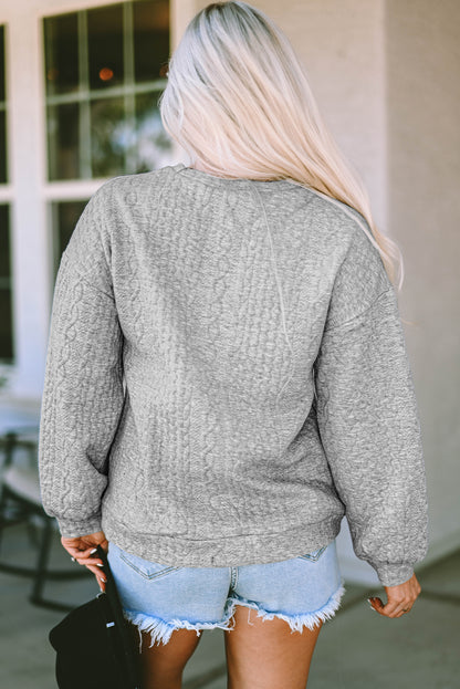 Gray Cable Textured Drop Shoulder Pullover Sweatshirt