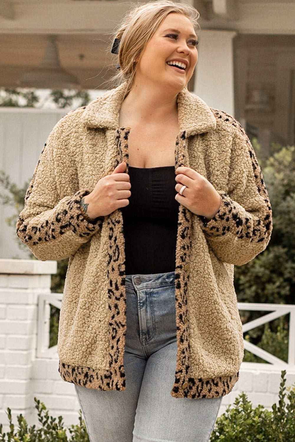 Khaki Plus Size Leopard Trim Button up Sherpa Jacket