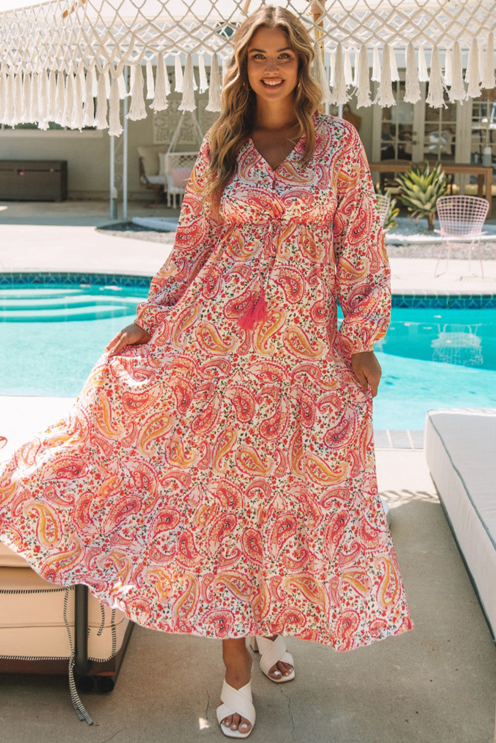 Boho Holiday Paisley Print Tiered Long Sleeve Maxi Dress