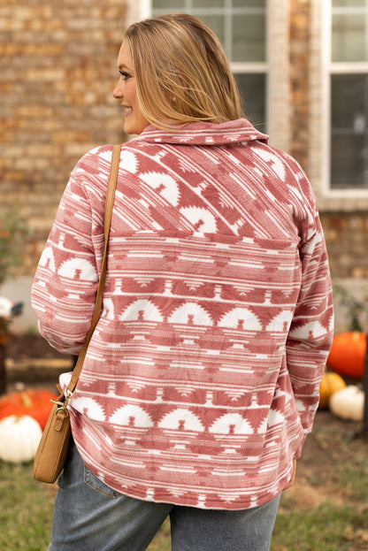 Pink Plus Size Aztec Print Chest Pocket Shacket