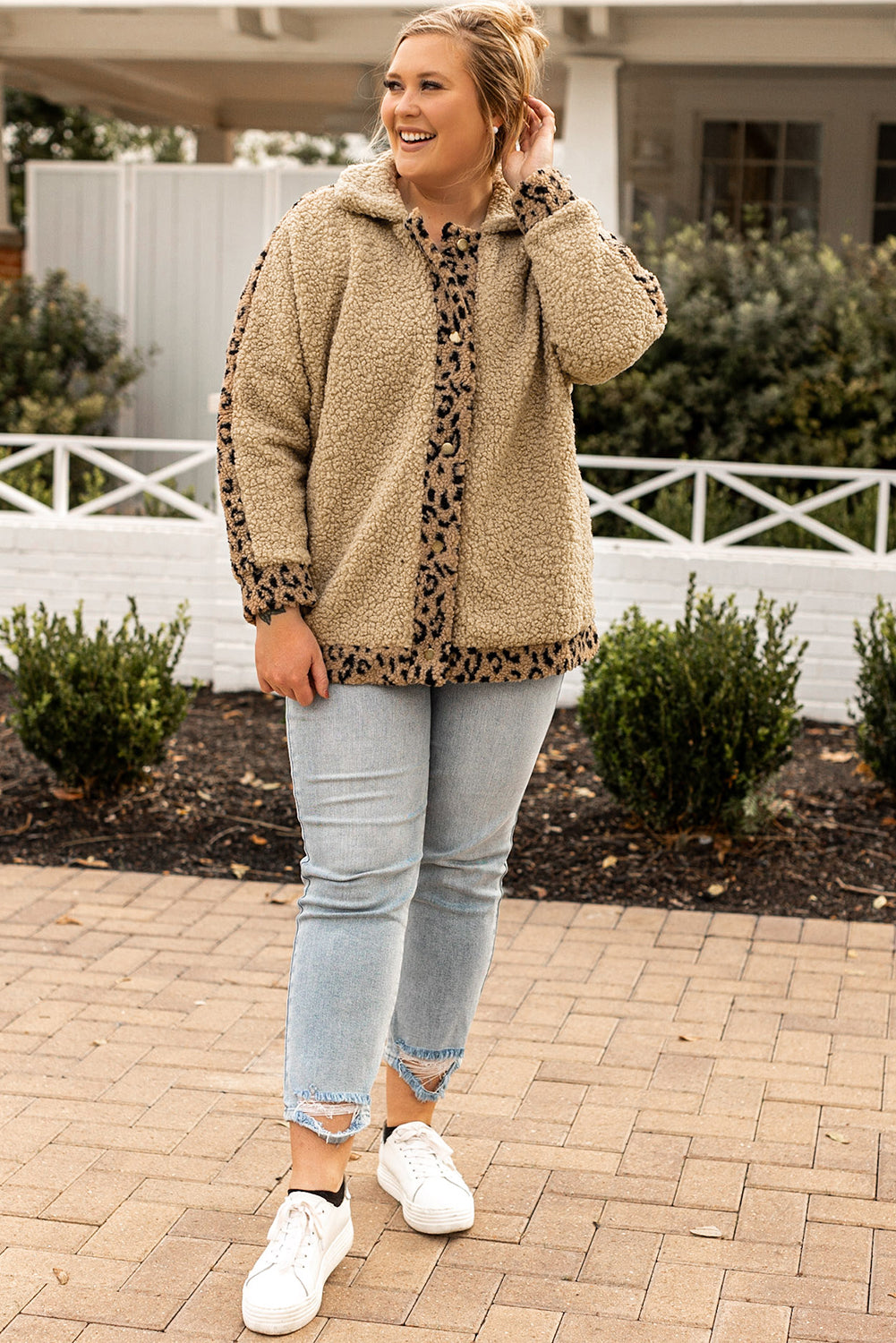 Khaki Plus Size Leopard Trim Button up Sherpa Jacket