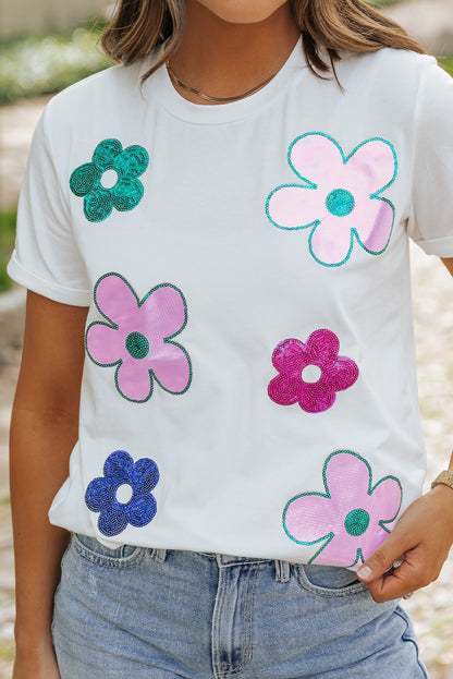 White Sequined Flower Pattern Round Neck T Shirt