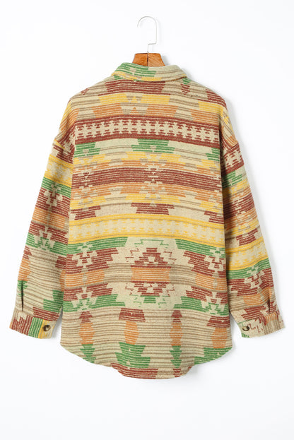 Multicolor Western Aztec Print Button Flap Pocket Shacket