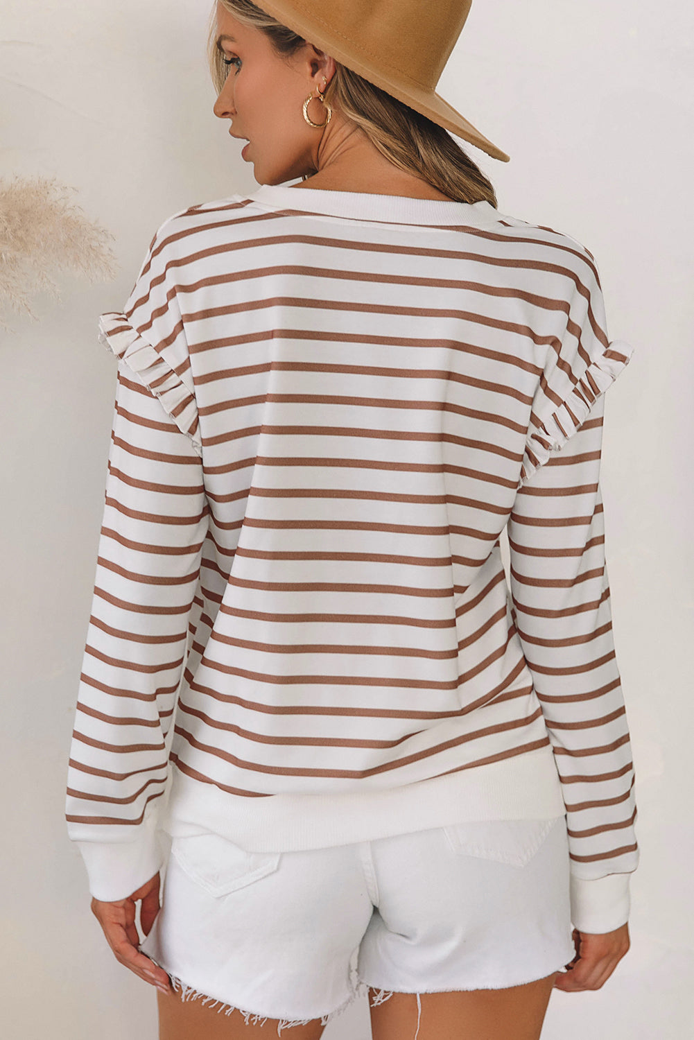 Brown Striped Ruffled Sleeve Buttoned Half-Placket Top