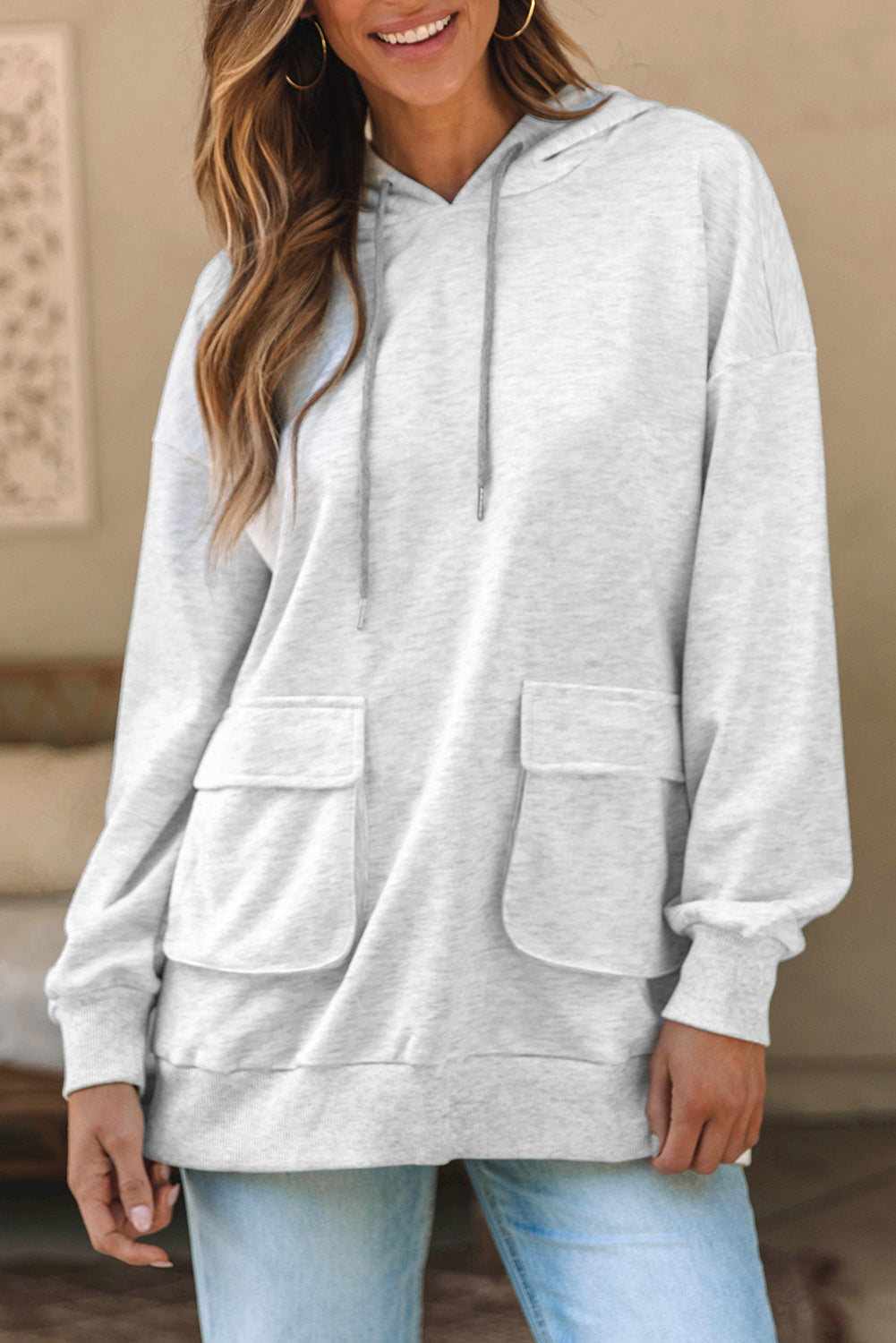 Apricot Double Flap Pocket Drawstring Hoodie