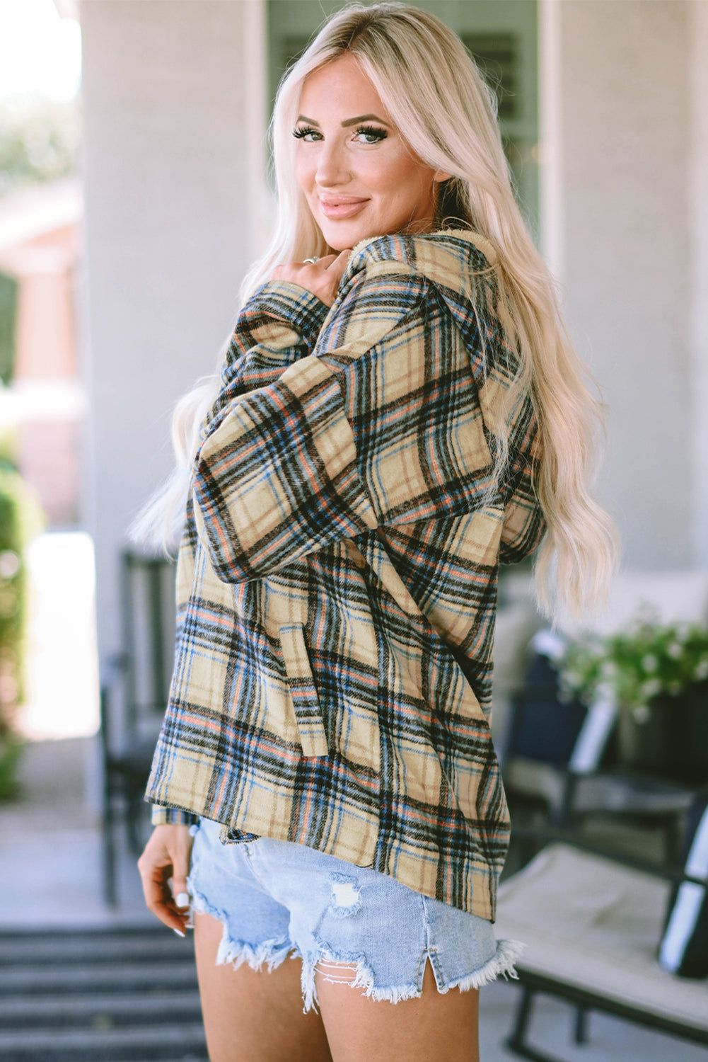 Khaki Plaid Button Neck Pocketed Pullover Hoodie