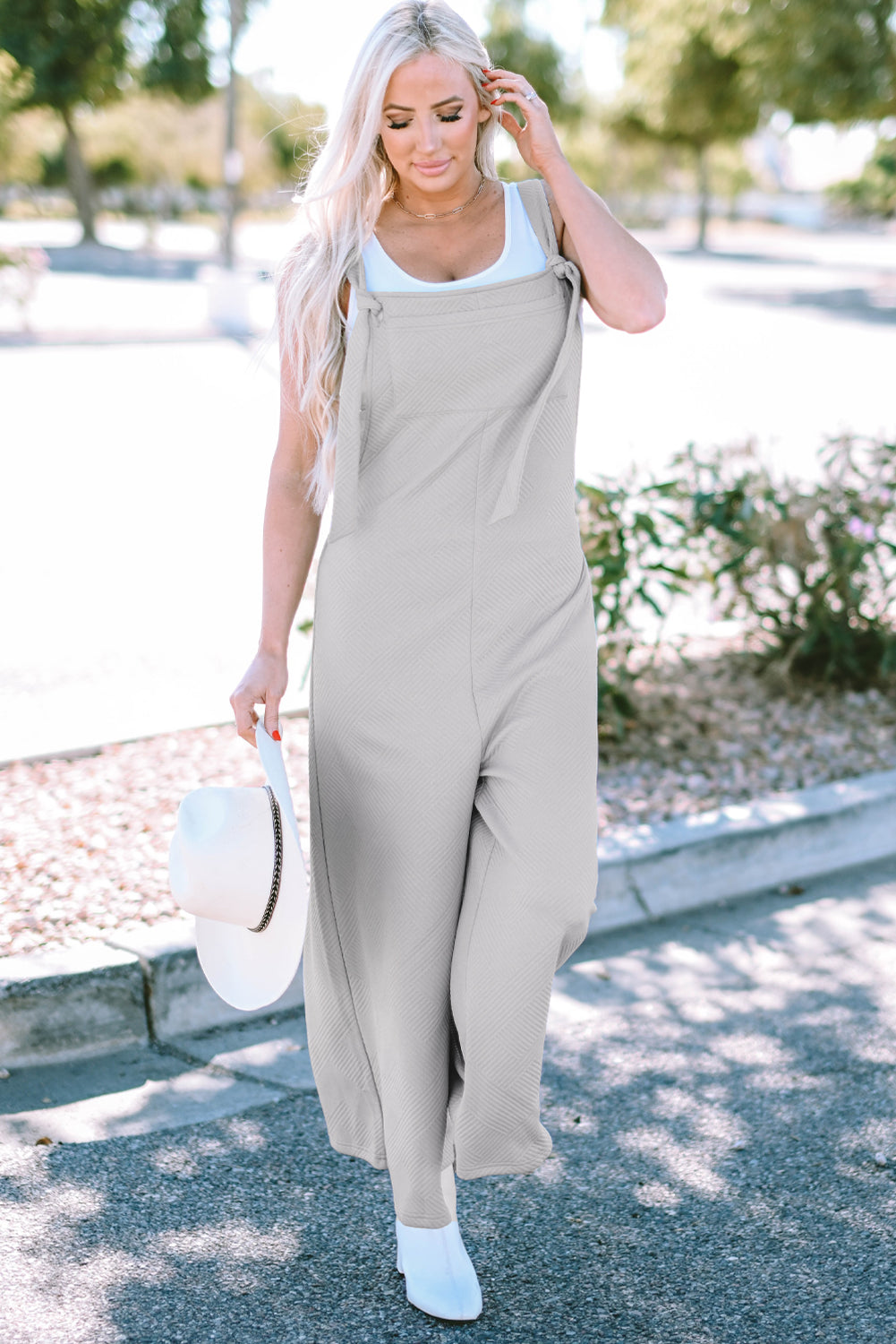 Light Grey Textured Self-Tie Strap Wide-Leg Overalls