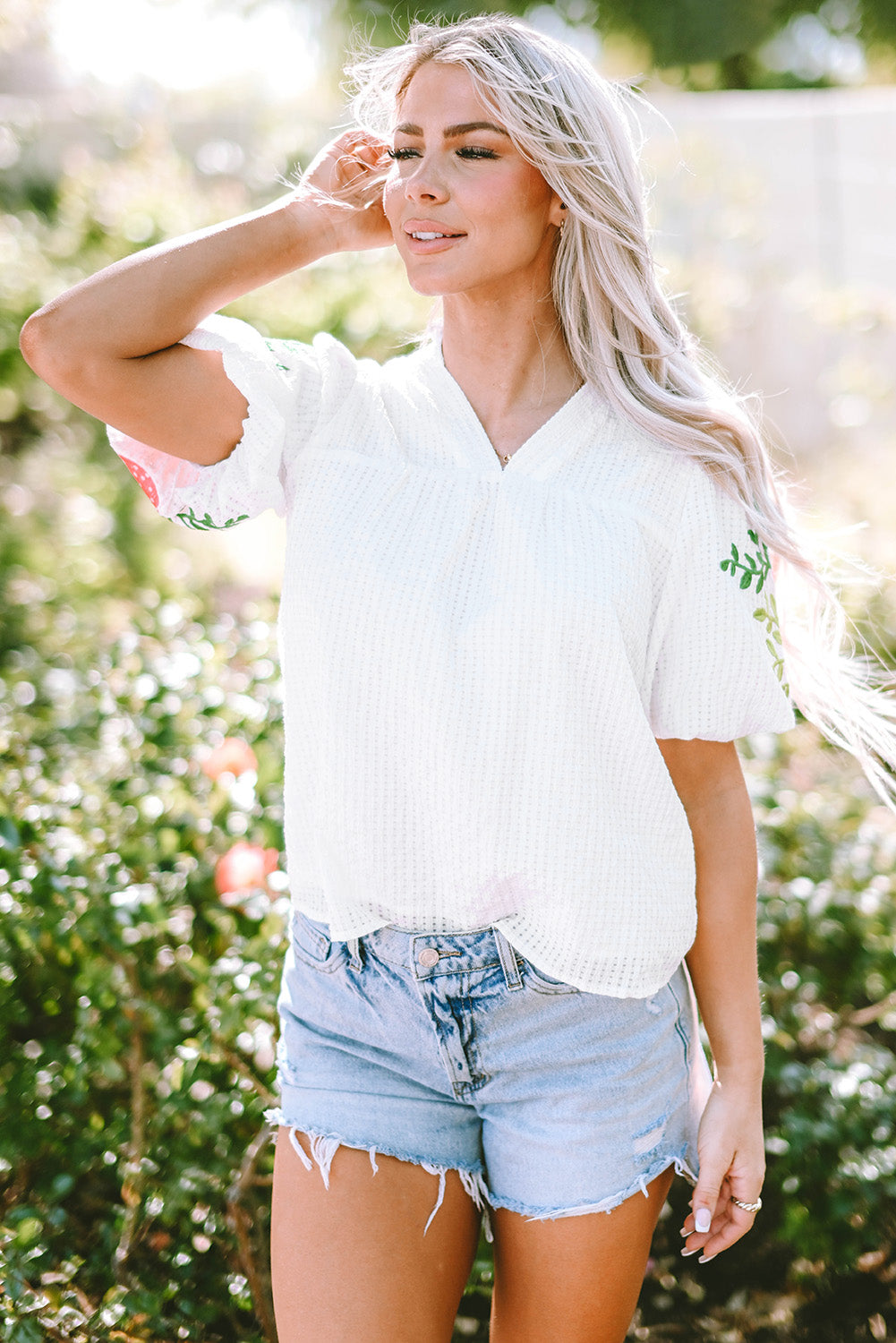 White Floral Embroidered Puff Sleeve Notched Neck Blouse