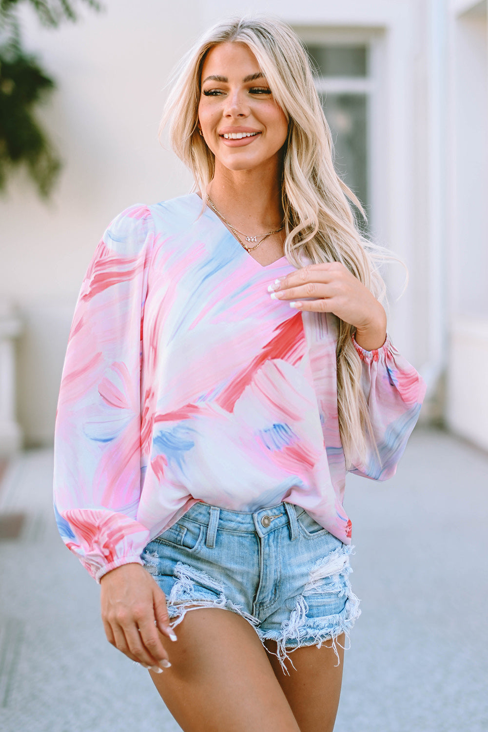 Pink Abstract Print Balloon Sleeve V-Neck Blouse