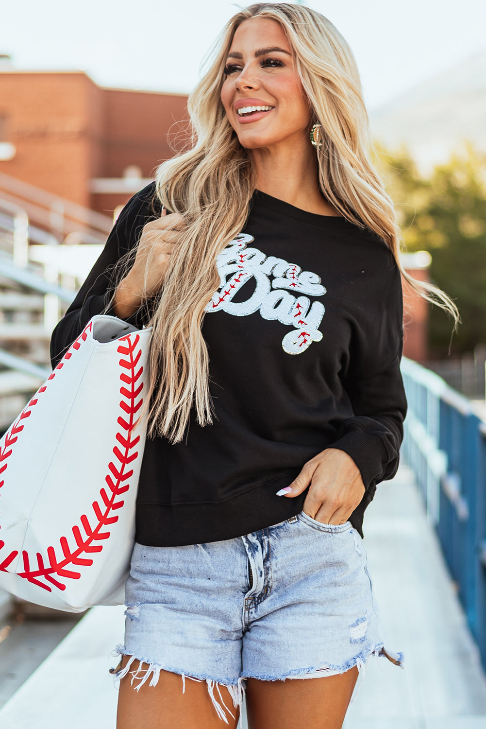 Black Sequined Game Day Graphic Crew Neck  Sweatshirt