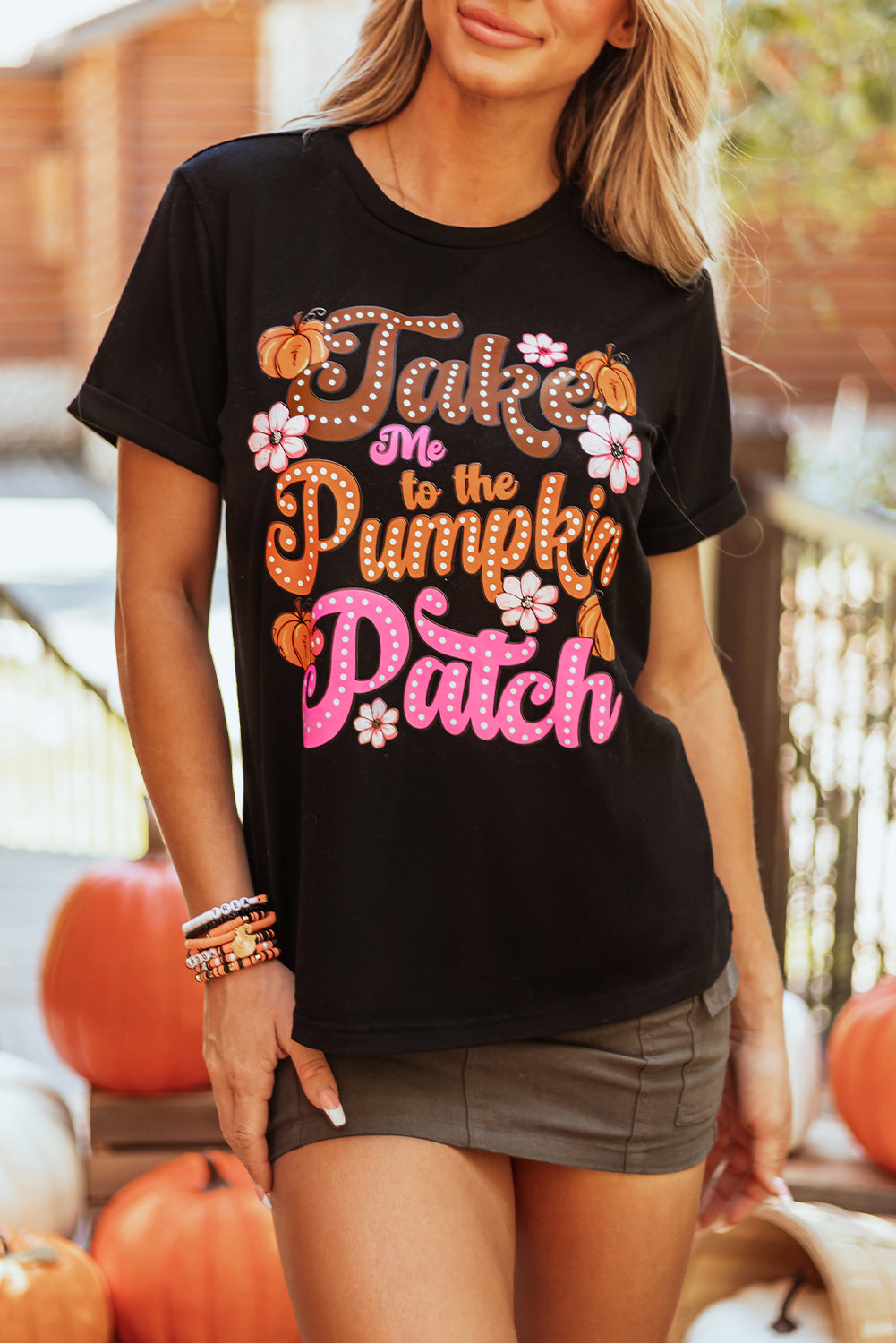 Black Take Me To The Pumpkin Patch Flower Print T Shirt