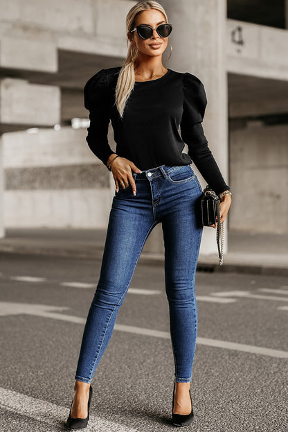 Black Solid Puff Sleeve Ribbed Knit Top