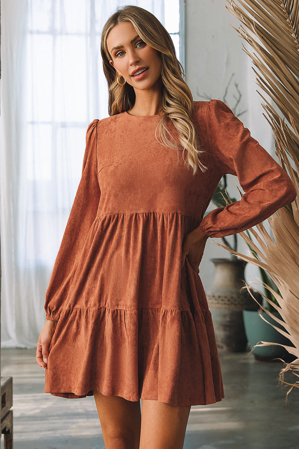 Chestnut Faux Suede Tiered Babydoll Dress