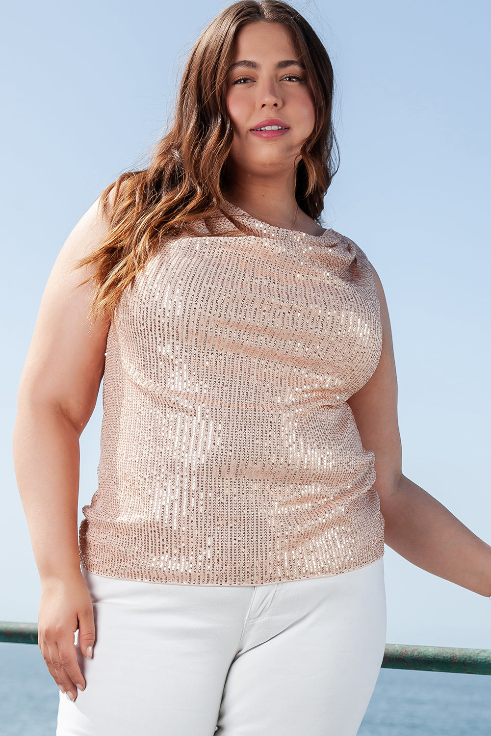 Apricot Plus Size Drape Front Sequined Tank Top