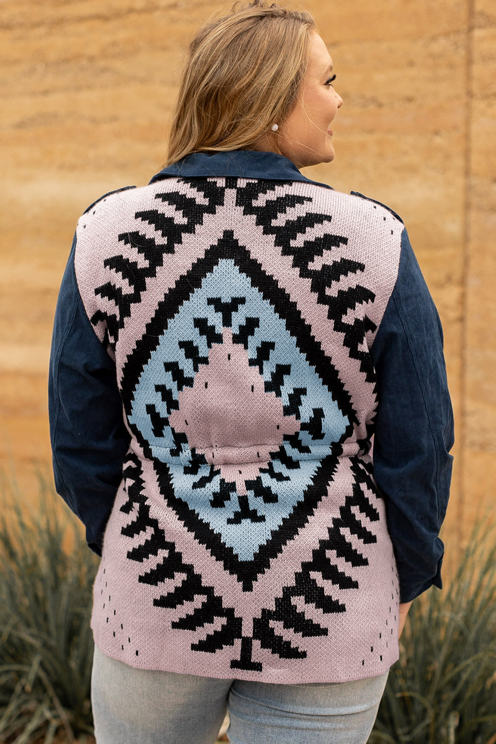 Blue Plus Size Corduroy Jacquard Knit Aztec Back Jacket