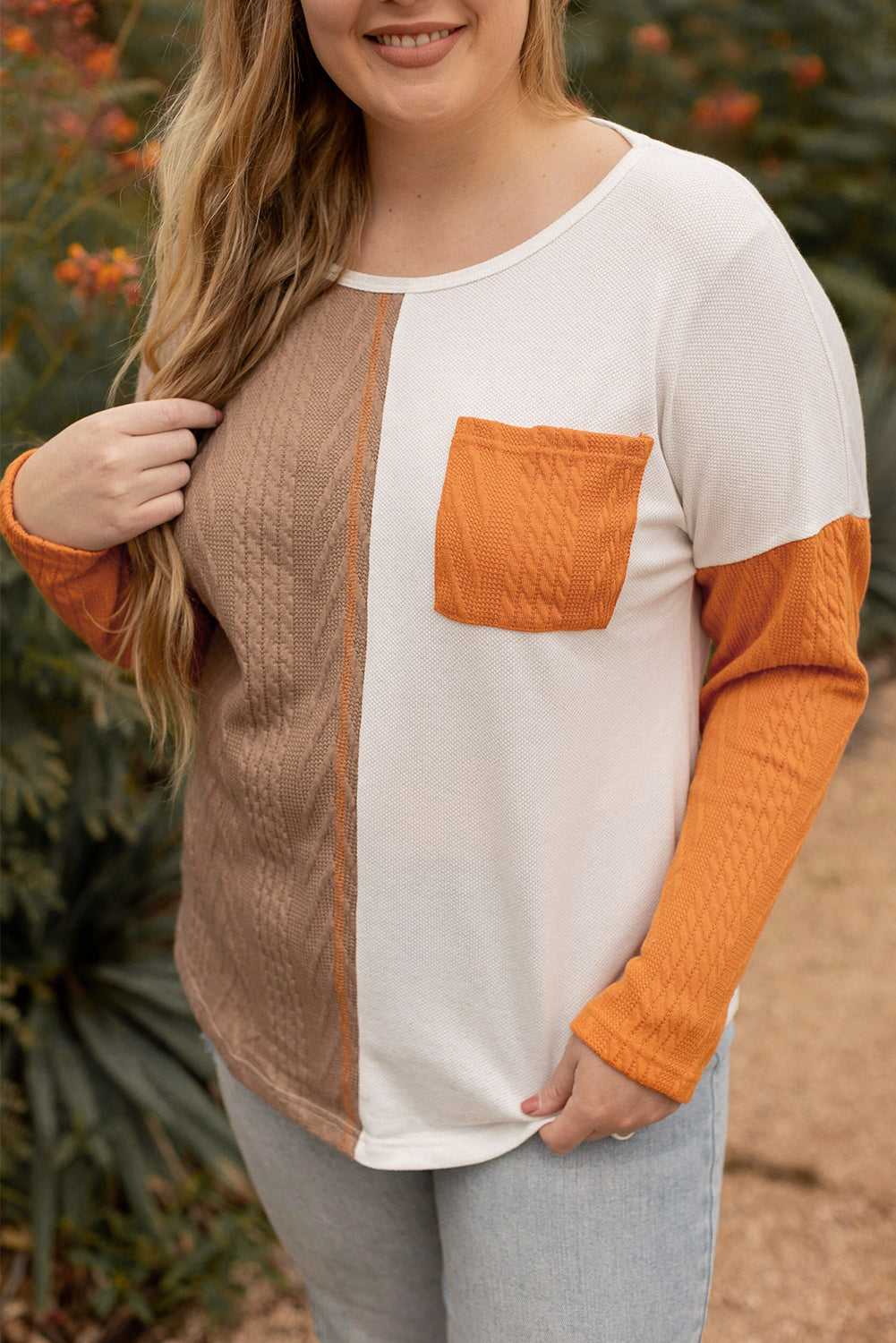 Chestnut Plus Size Color Block Textured Patchwork Top with Pocket