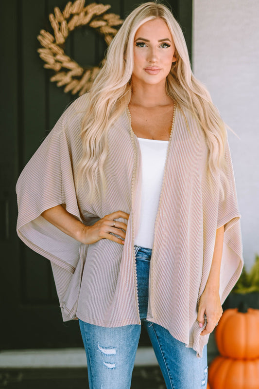 Apricot Lace Trim Ribbed Oversize Kimono