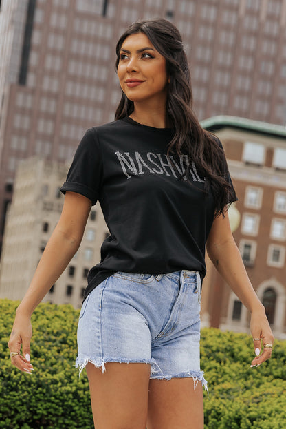 Black Rhinestone NASHVILLE Graphic Crewneck T Shirt