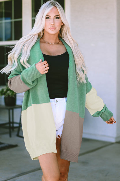 Green Colorblock Draped Open Front Chunky Cardigan