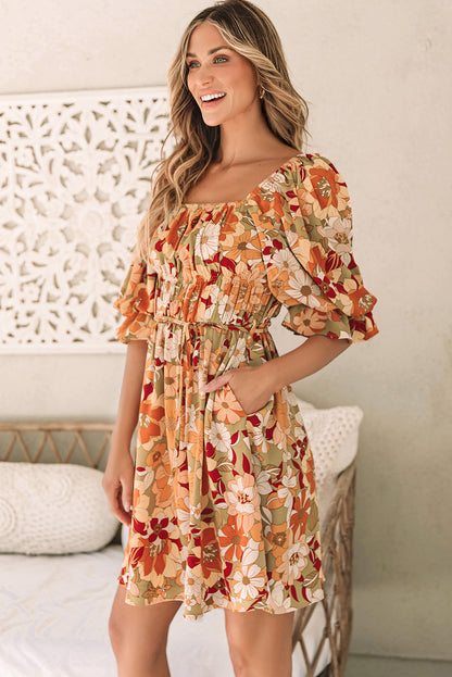 Green Ruffled Puff Short Sleeve Floral Dress