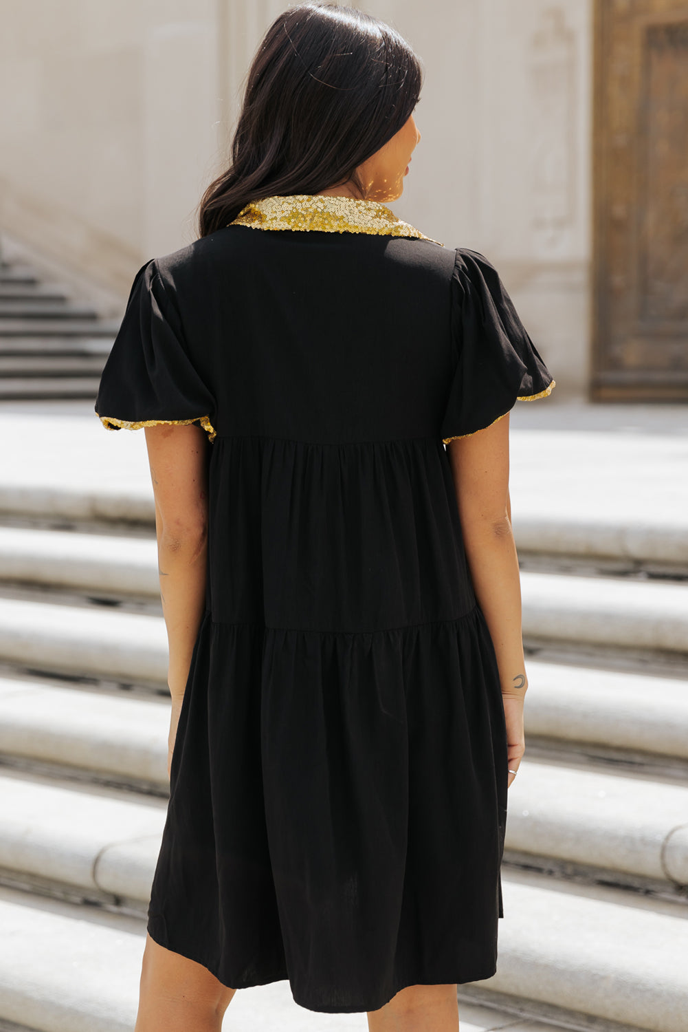 Black Sequin Trim Bubble Sleeve Game Day Shirt Dress