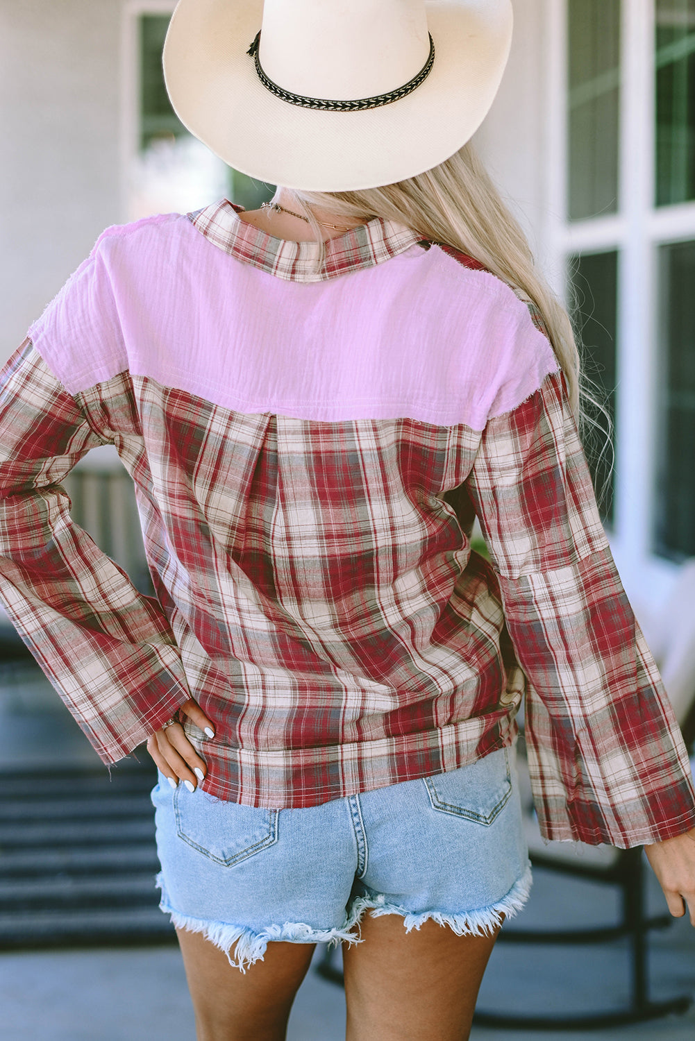 Fiery Red Contrast Patchwork Raw Edge Distressed Plaid Shirt