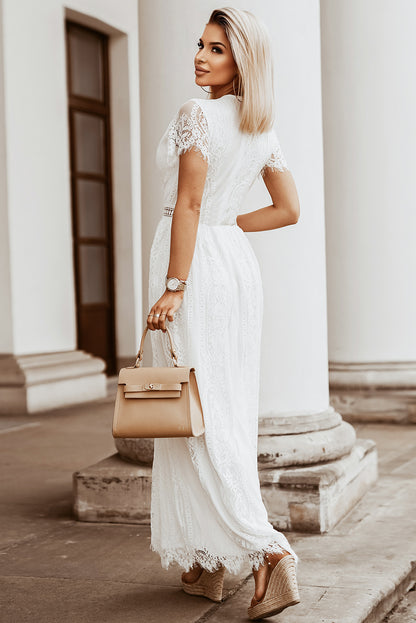 Burgundy Deep V Neck Short Sleeve Lace Maxi Dress