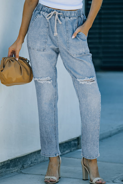 Gather Round Distressed Pocketed Denim Jogger