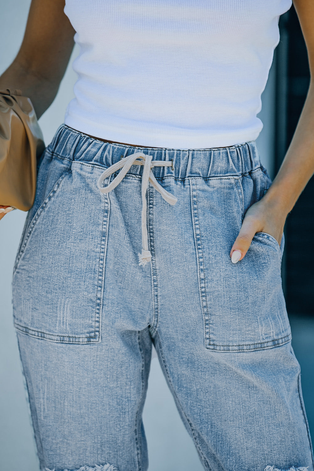 Gather Round Distressed Pocketed Denim Jogger