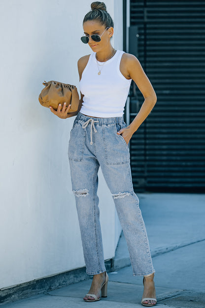 Gather Round Distressed Pocketed Denim Jogger