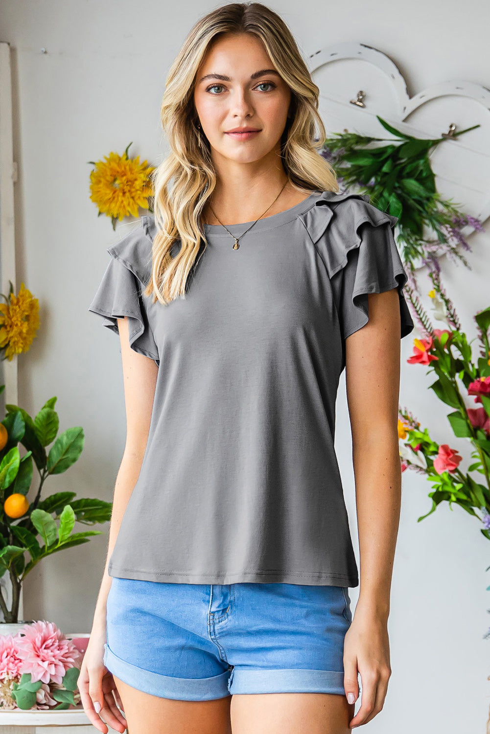 Plain Tiered Ruffled Short Sleeve T Shirt