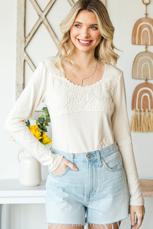 Beige Lace Crochet V Neck Long Sleeve Top