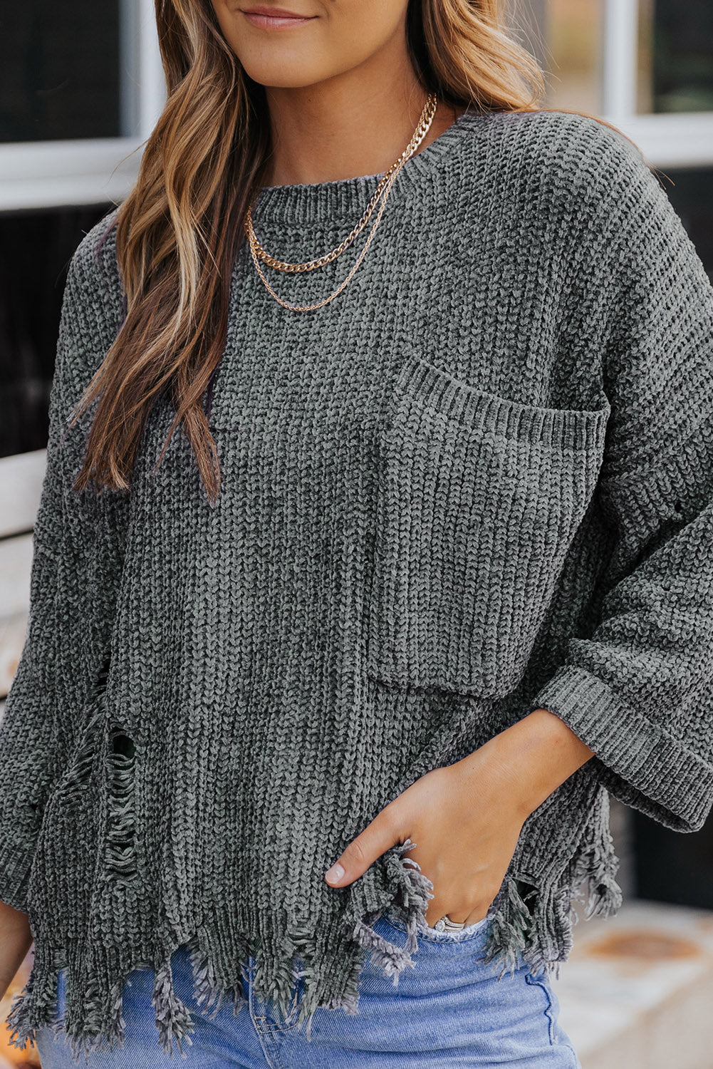 Gray Ripped Raw Hem Chunky Pullover Sweater