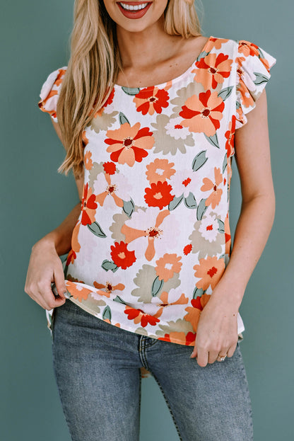 Floral Print Ruffled Flutter Sleeve Blouse