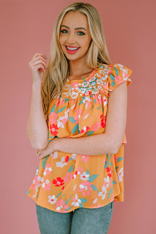 Floral Print Ruffle Cap Sleeve Keyhole Back Blouse