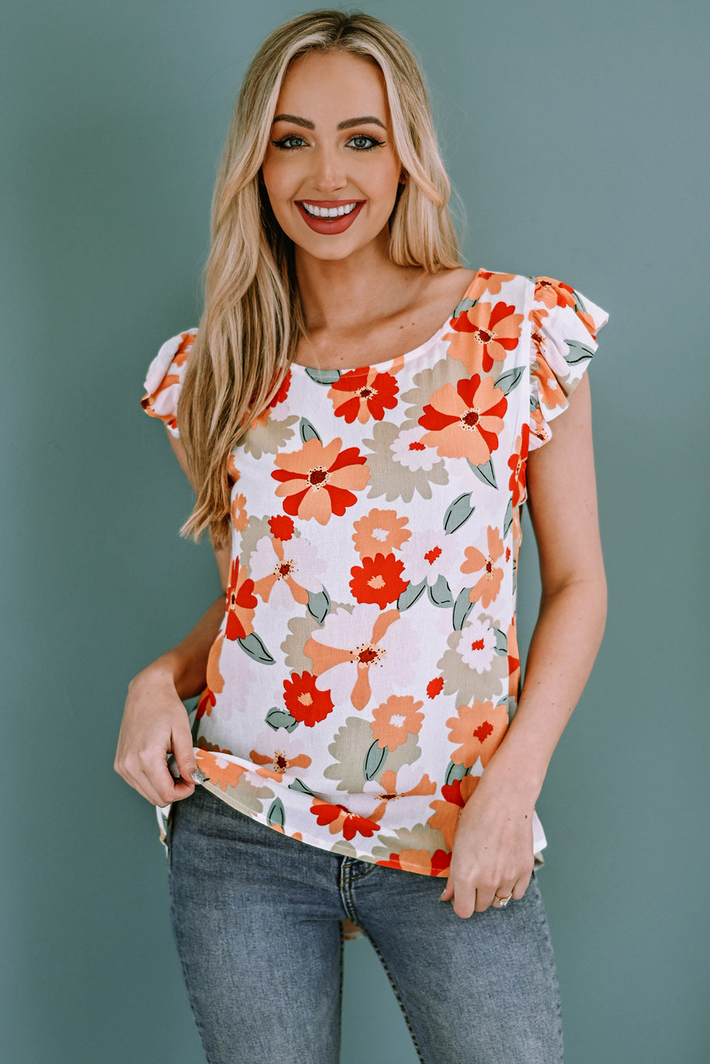 Floral Print Ruffled Flutter Sleeve Blouse