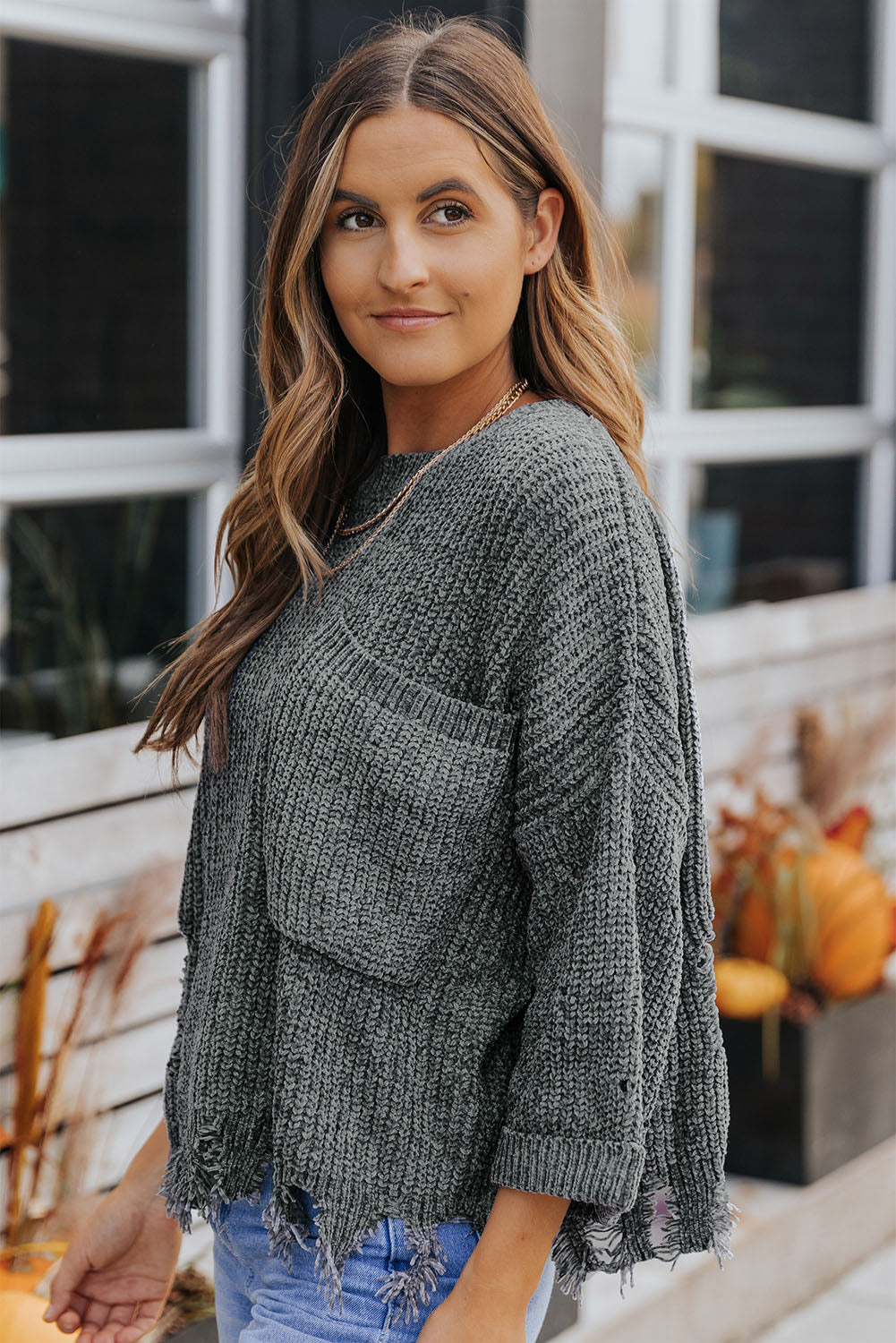 Gray Ripped Raw Hem Chunky Pullover Sweater