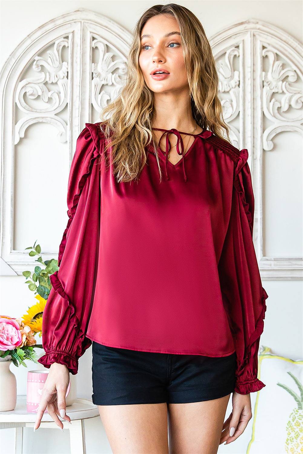 Split Neck Ruffled Satin Shirt