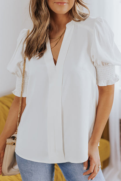 White Solid Color Half Sleeve V Neck Blouse