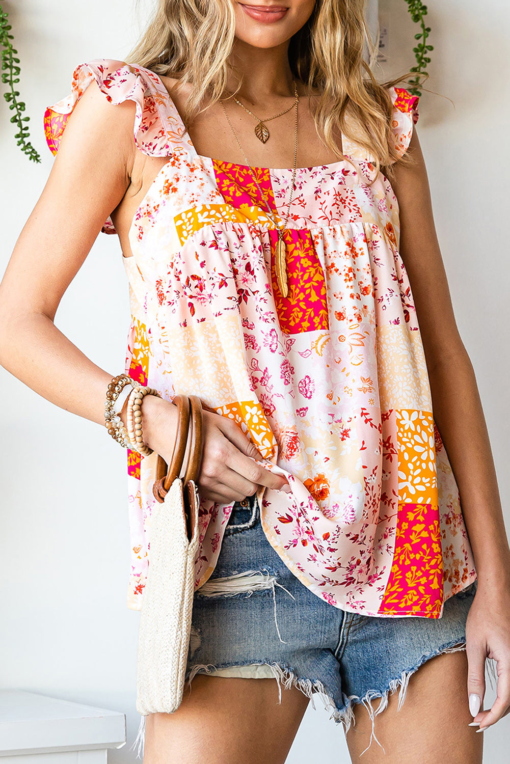 Multicolor Floral Patchwork Print Ruffle Trim Tank Top