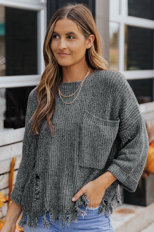 Gray Ripped Raw Hem Chunky Pullover Sweater